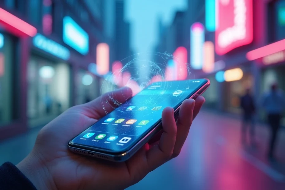 Close-up of a futuristic smartphone with transparent display and holographic interface in a high-tech urban environment