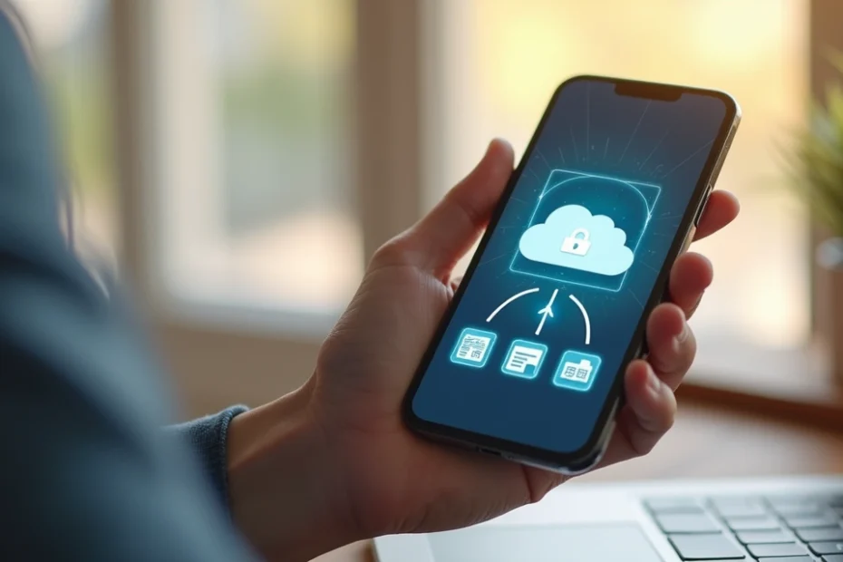 Smartphone screen displaying cloud storage app with digital icons of files and data syncing