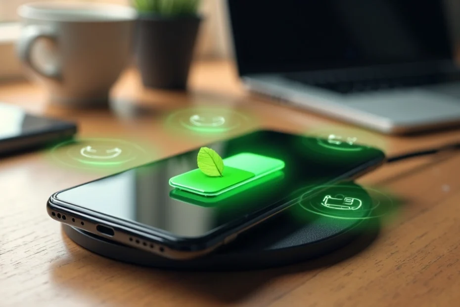 Smartphone on charging pad with battery health icon and green energy symbols glowing around it
