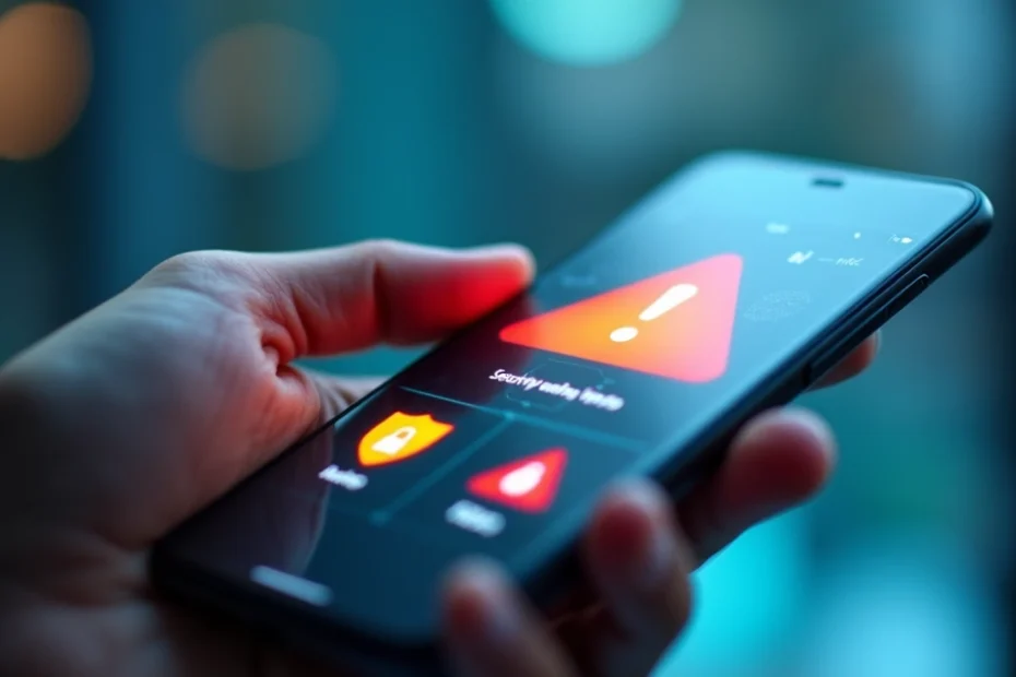 Smartphone displaying security warning icons and padlock on screen