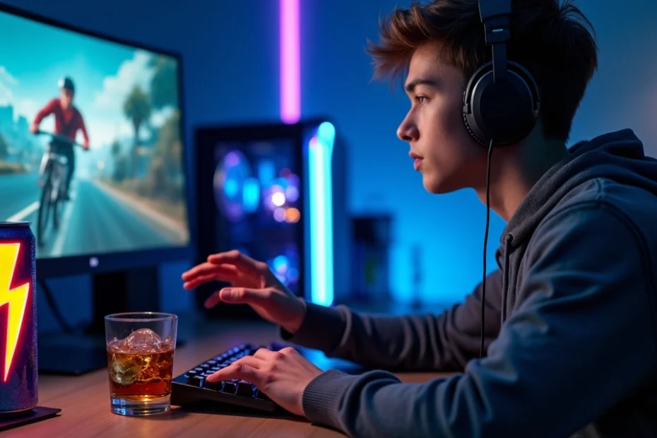 Gamer at desk choosing between energy drink and alcohol while playing