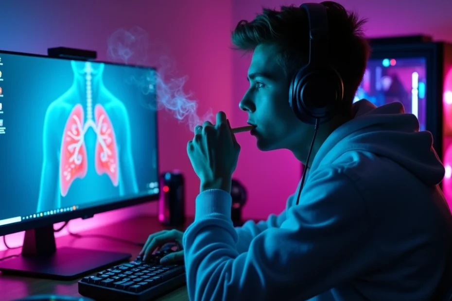Young gamer in dark room holding a cigarette beside glowing PC setup