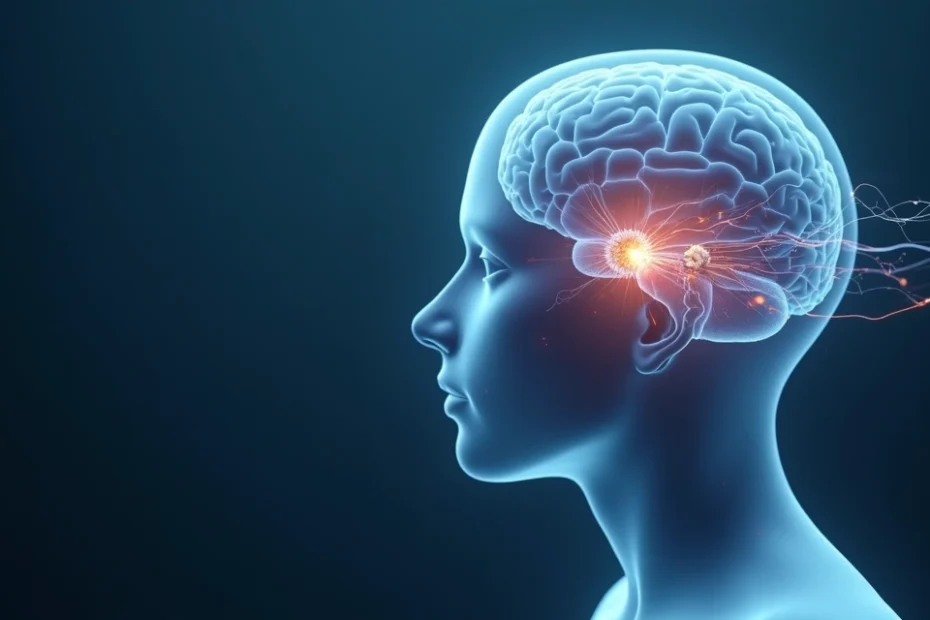 Human brain with nicotine molecules binding to receptors at a synapse