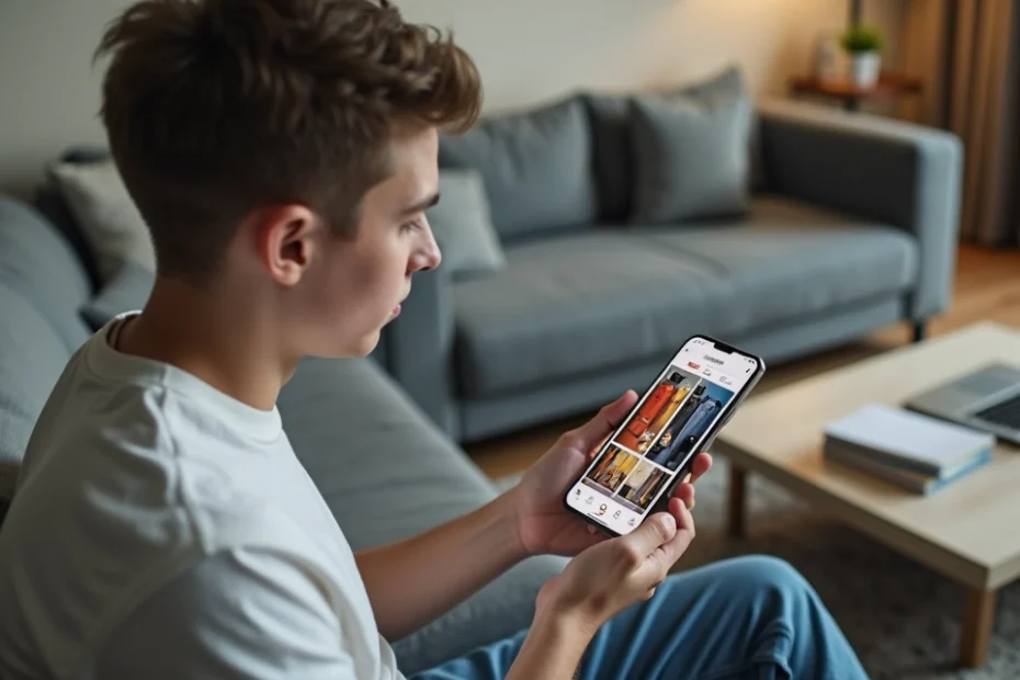 Parent and teenager talking on couch with social media vaping and drinking posts on phone screen