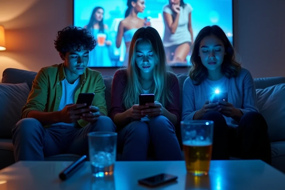 Young adults scrolling social media while surrounded by subtle smoking and drinking imagery