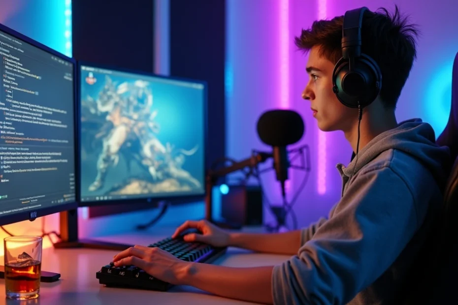 Streamer at dual desk setup with alcohol glass on one side and focused gaming on the other