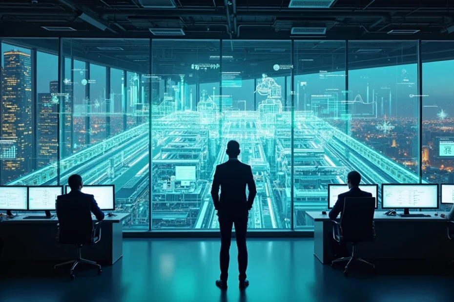 Executive analyzing a factory digital twin dashboard on a transparent screen