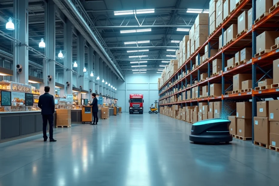 Warehouse with digital retail screens and glowing edge computing network overlays