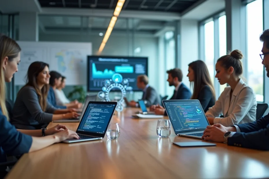 Business team working with generative AI interface in a modern office