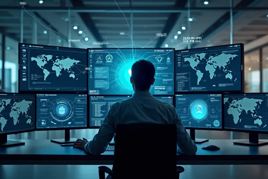 Businessperson monitoring IoT cybersecurity dashboard with connected devices and data shield icon