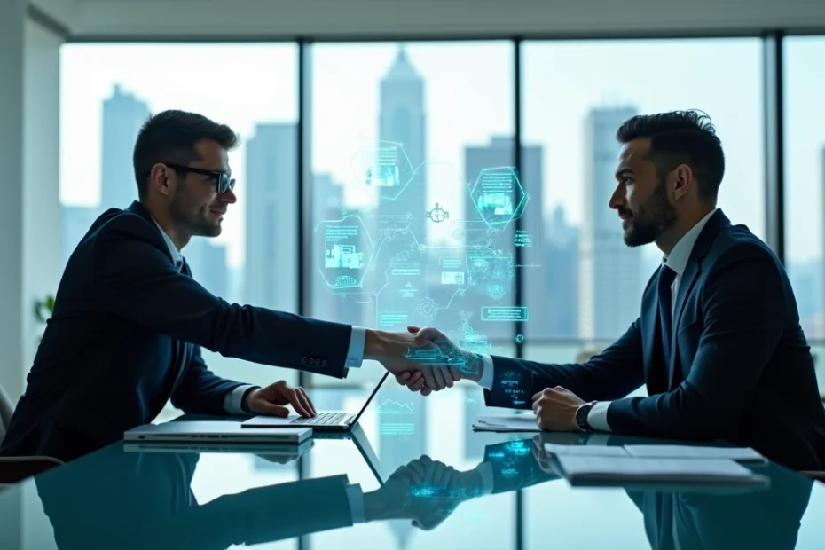 Businesspeople shaking hands over a digital smart contract interface